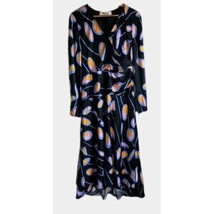 DVF Diane Von Furstenberg Lanira Wrap Satin Maxi Dress Black Printed Lined